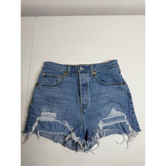 Levi's Blue Distressed Ribcage Denim High Waisted Jeans Shorts 30 Button Fly - Picture 1 of 8